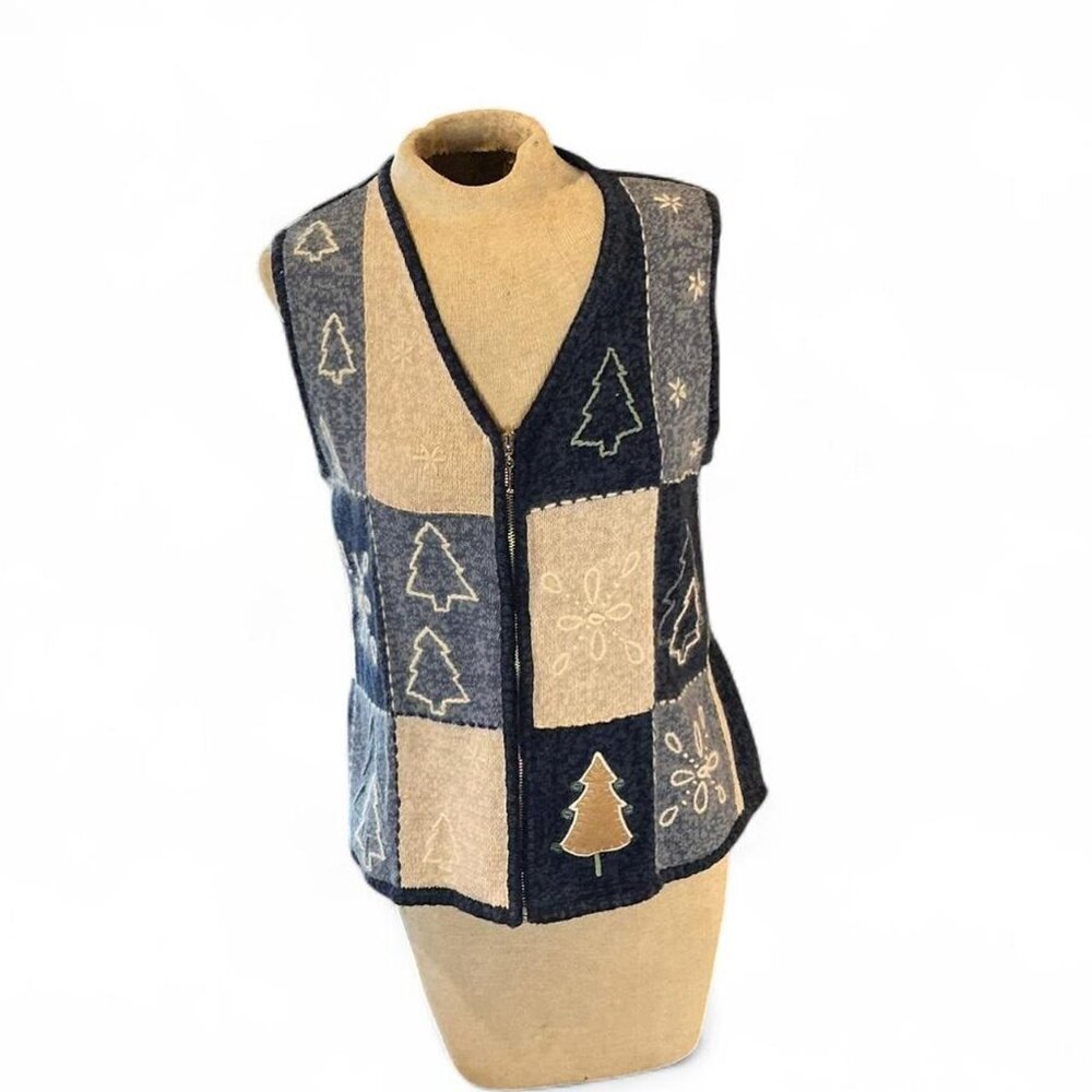 Vintage Northcrest Embroidered Grannycore Zip up Sweater Vest Small Blue‎